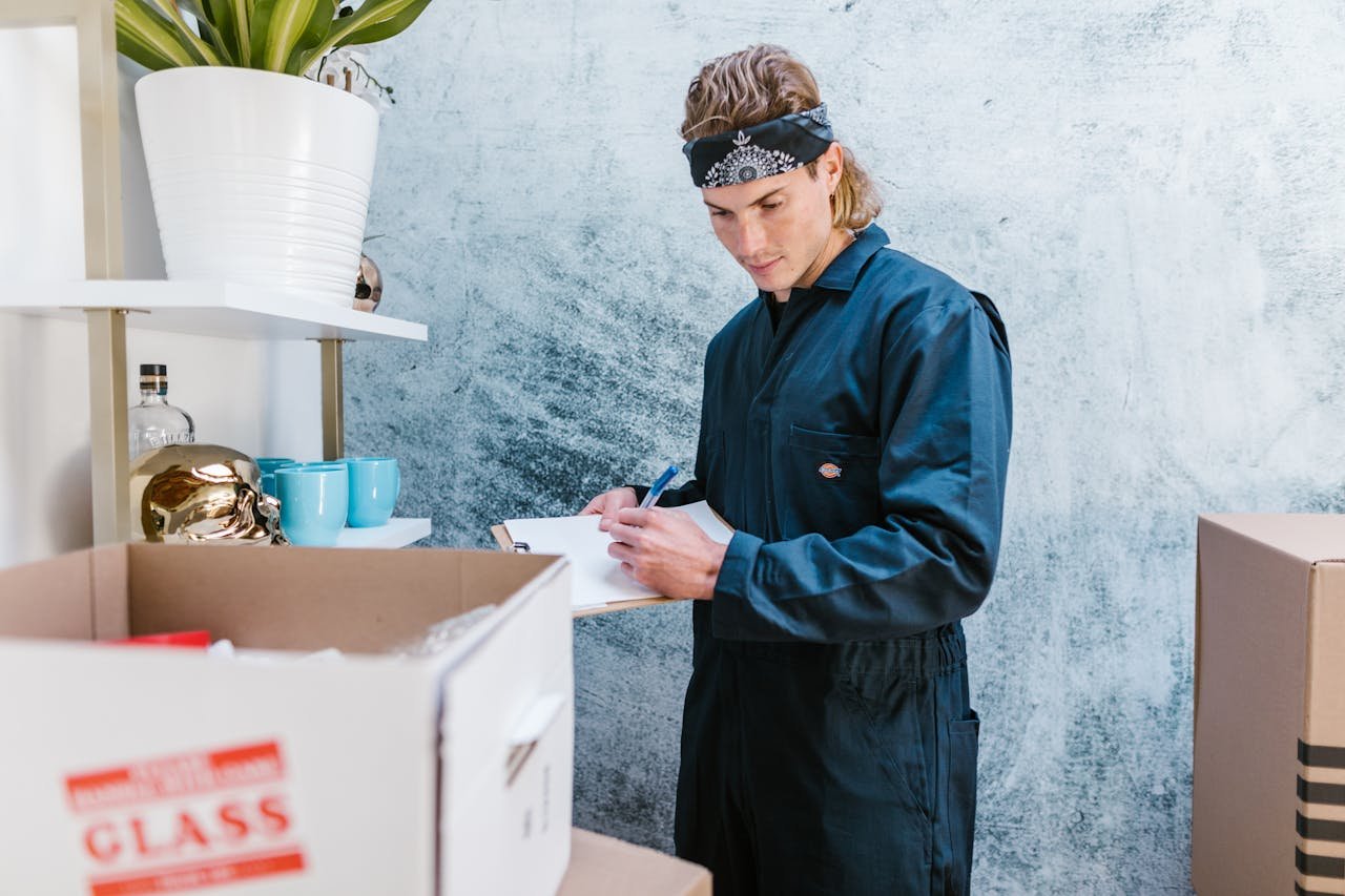 About Man wearing overalls and bandana preparing for a home move, surrounded by boxes and fragile items.